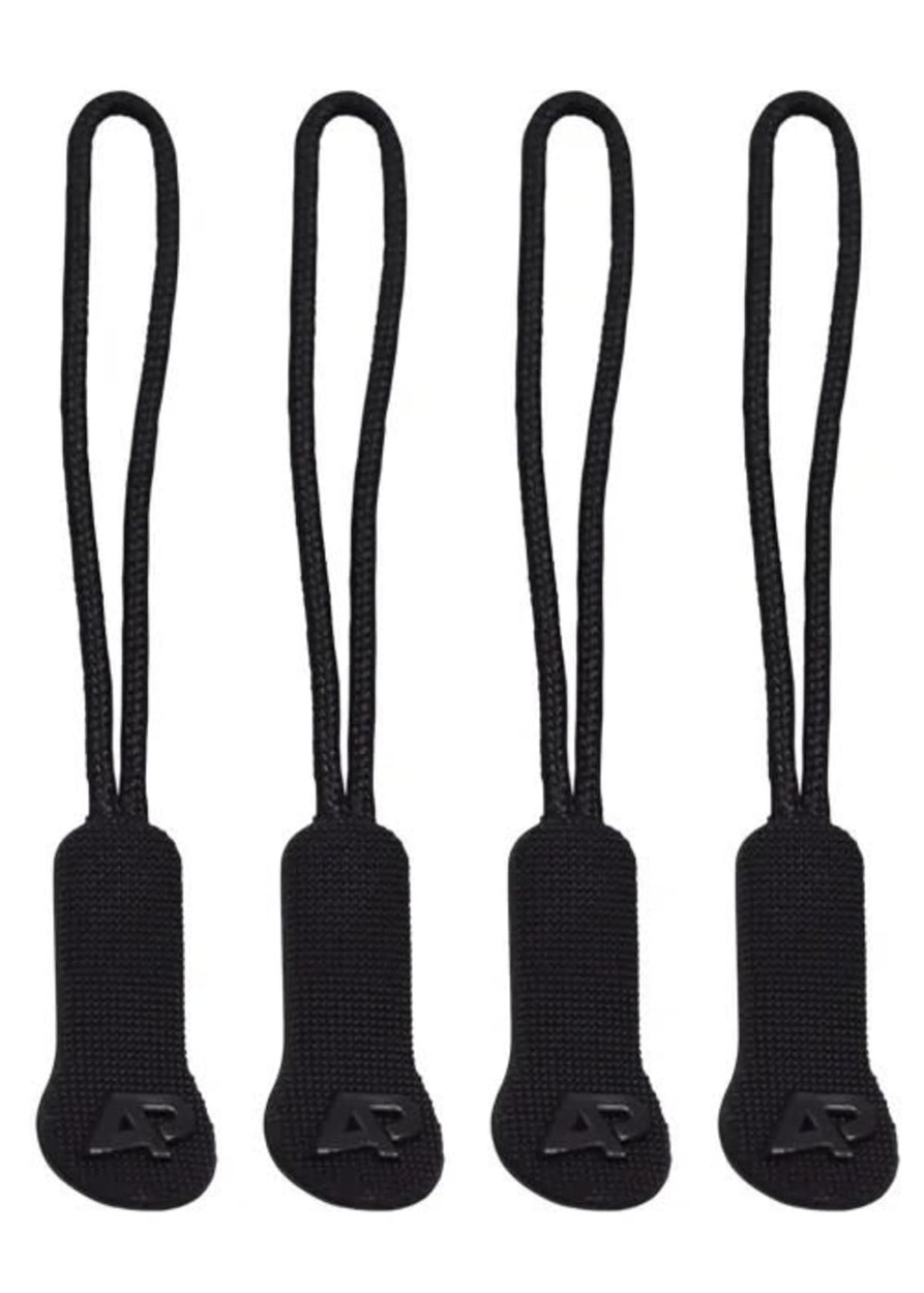 Four black zip puller accessories with loops and a small logo on each.
