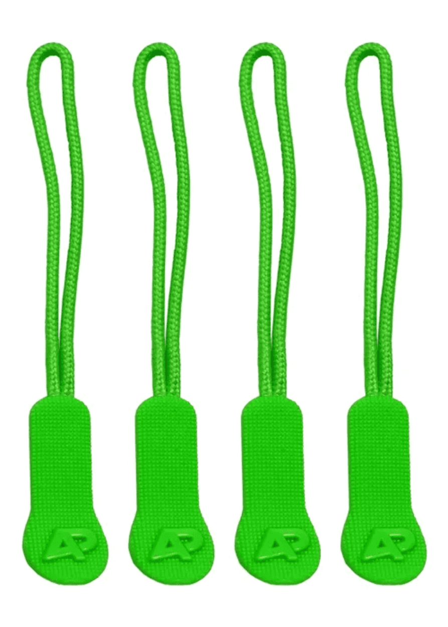 Four green zip puller accessories with textured grips, featuring a logo on each puller.