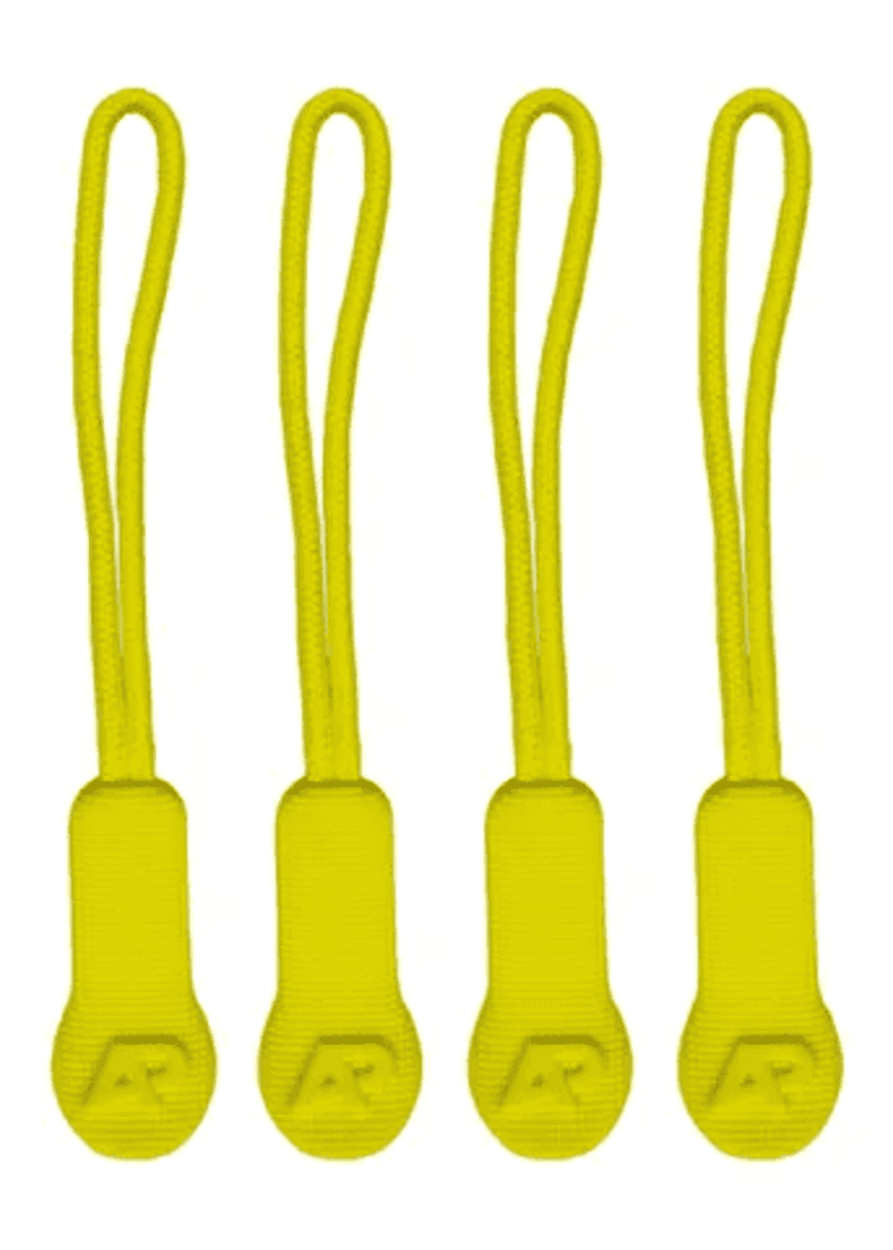 Bright yellow ZIP PULLERS ACCESSORIES arranged in a row, featuring a logo on each puller.
