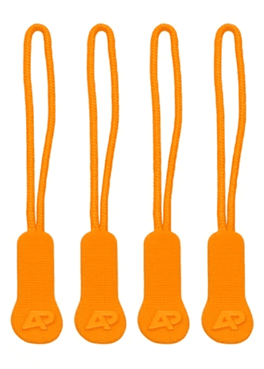Four orange zip puller accessories with textured grips, each featuring a logo.