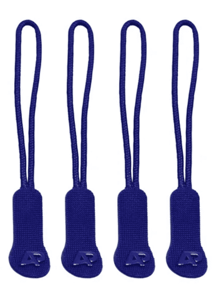Four purple zip puller accessories, featuring a textured design and a loop for easy attachment.