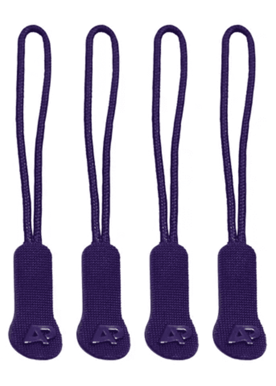 Four purple zip puller accessories with a looped design and a logo.