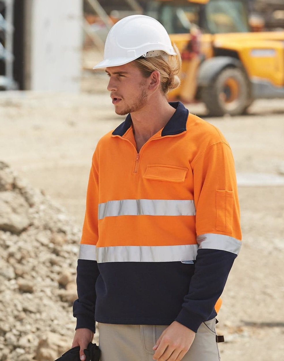 Hi-vis two-tone cotton fleecy sweat in orange and navy, featuring 3M reflective tapes and a chest pocket.