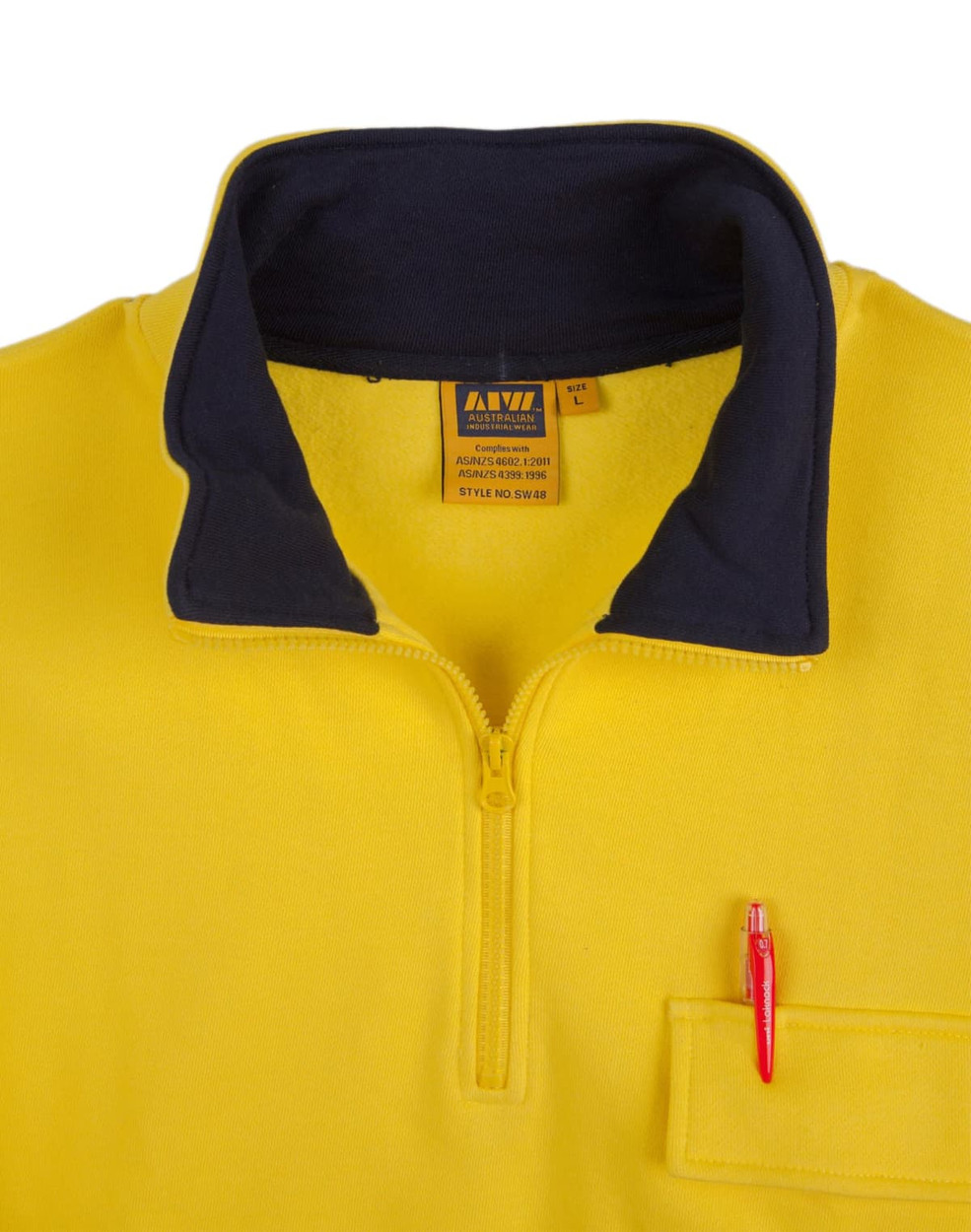 A yellow fleecy sweatshirt with a navy collar and a pocket featuring a pen. It includes 3M reflective tapes.