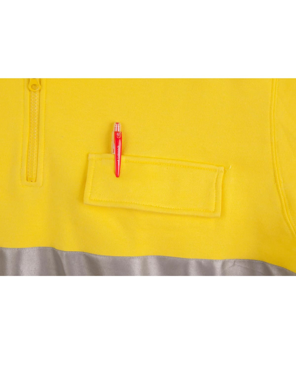 A bright yellow fleece jumper featuring silver accents and a pen pocket. Includes a logo on the fabric.