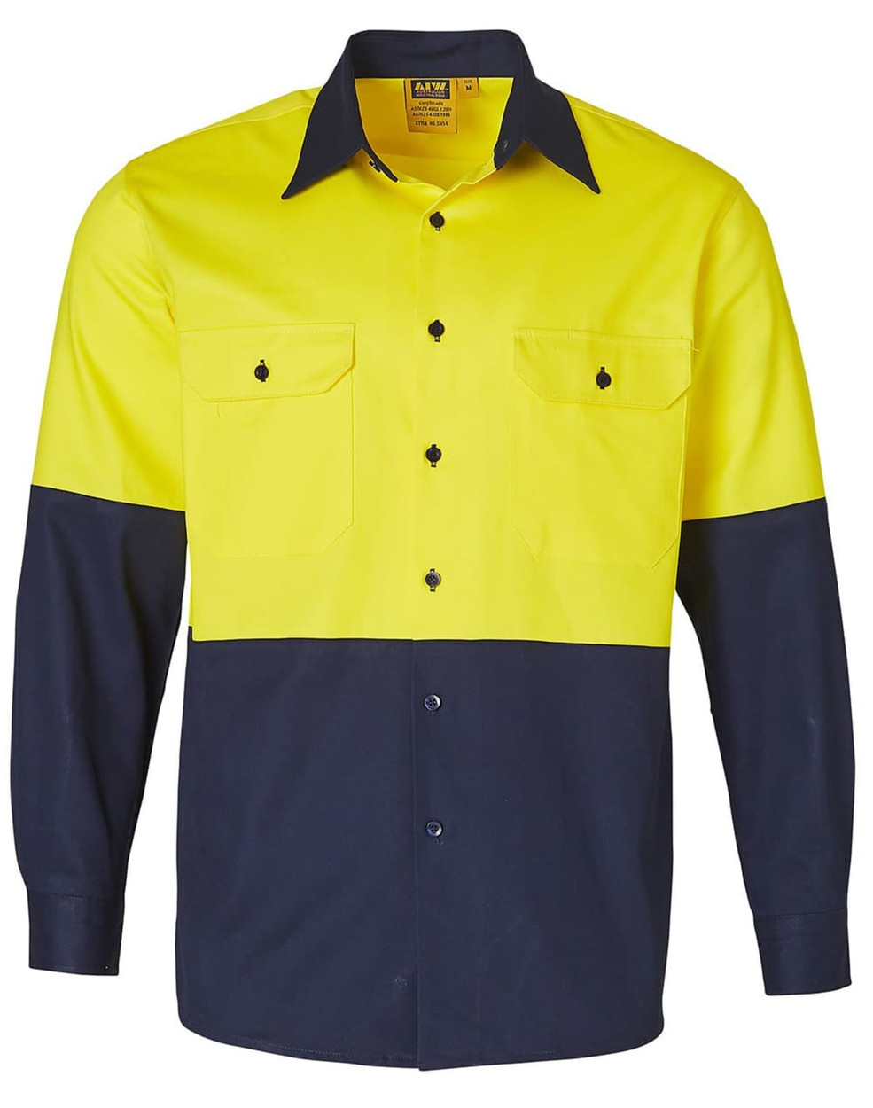 A long-sleeved cotton drill work shirt in high visibility yellow and navy blue, featuring two chest pockets and a logo.