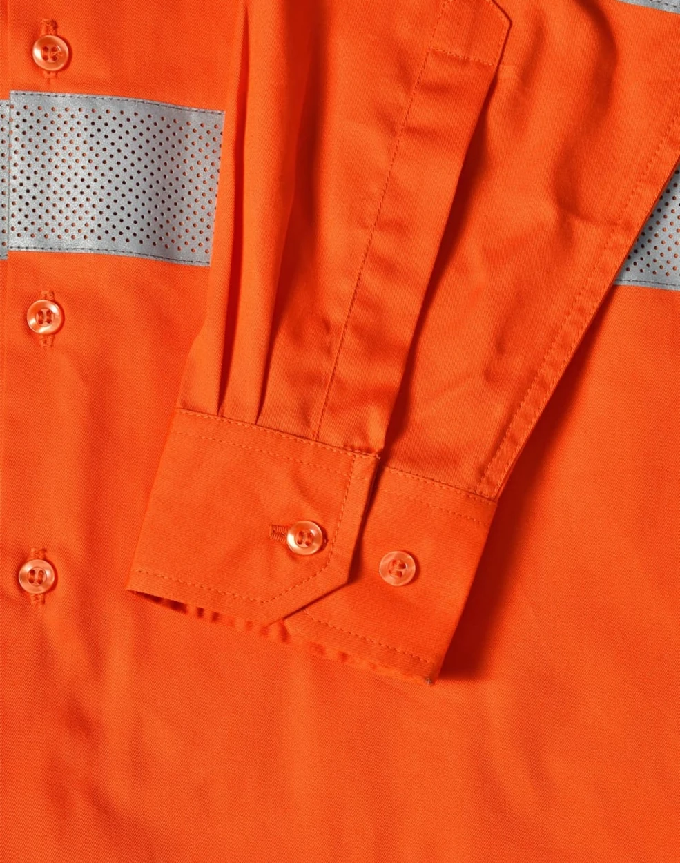 An orange work shirt with reflective stripes and buttons, featuring a long sleeve and a fitted cuff.