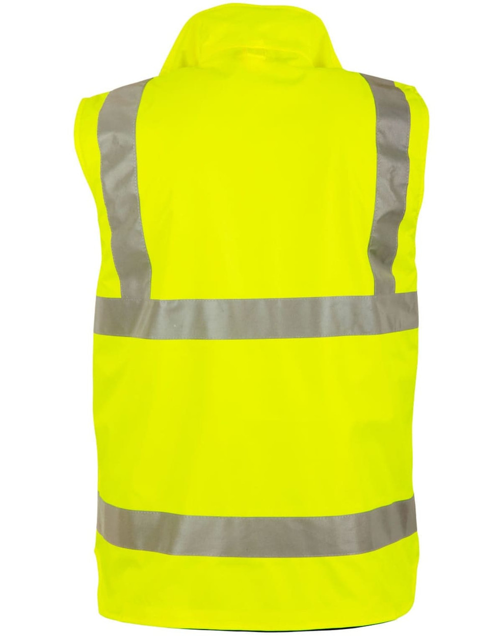 A reversible safety vest in bright yellow, featuring reflective strips for visibility. It has a logo on it.