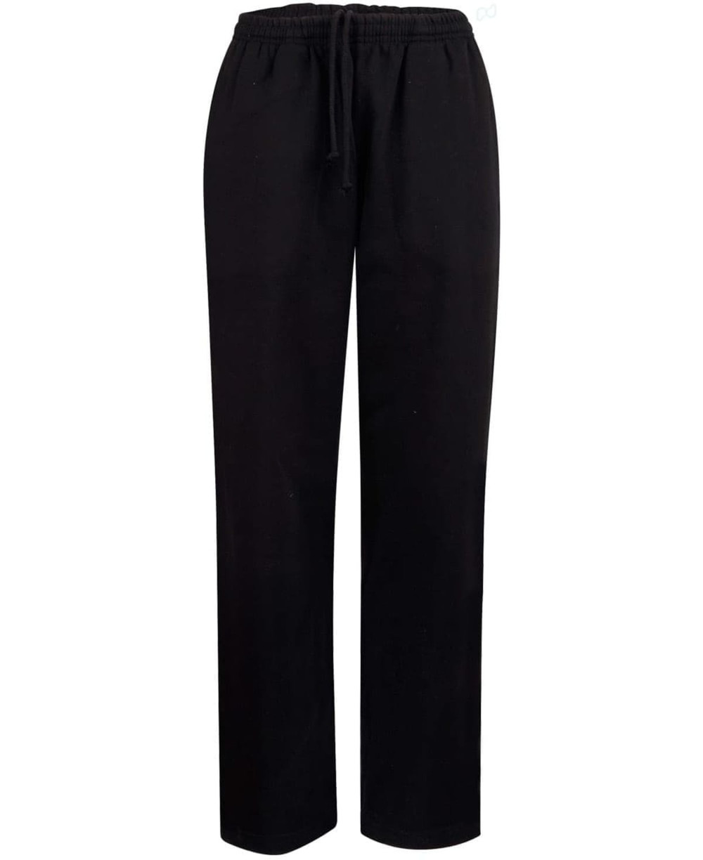Black fleecey track pants featuring an elastic waistband and drawstring, designed for comfort and casual wear.