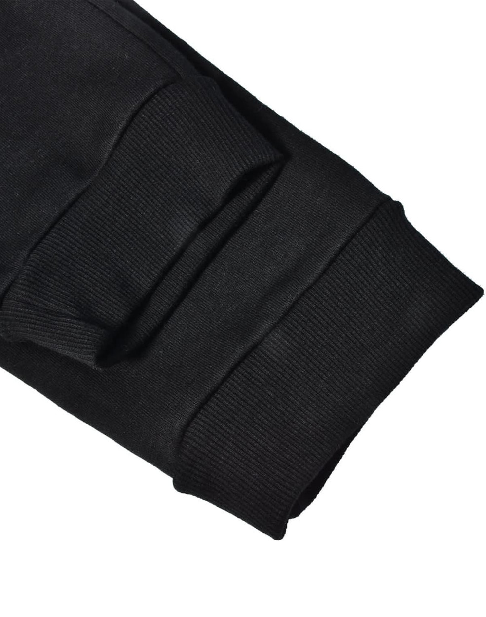 Black poly/cotton terry sweat pants with ribbed cuffs and a logo. Suitable for casual comfort.