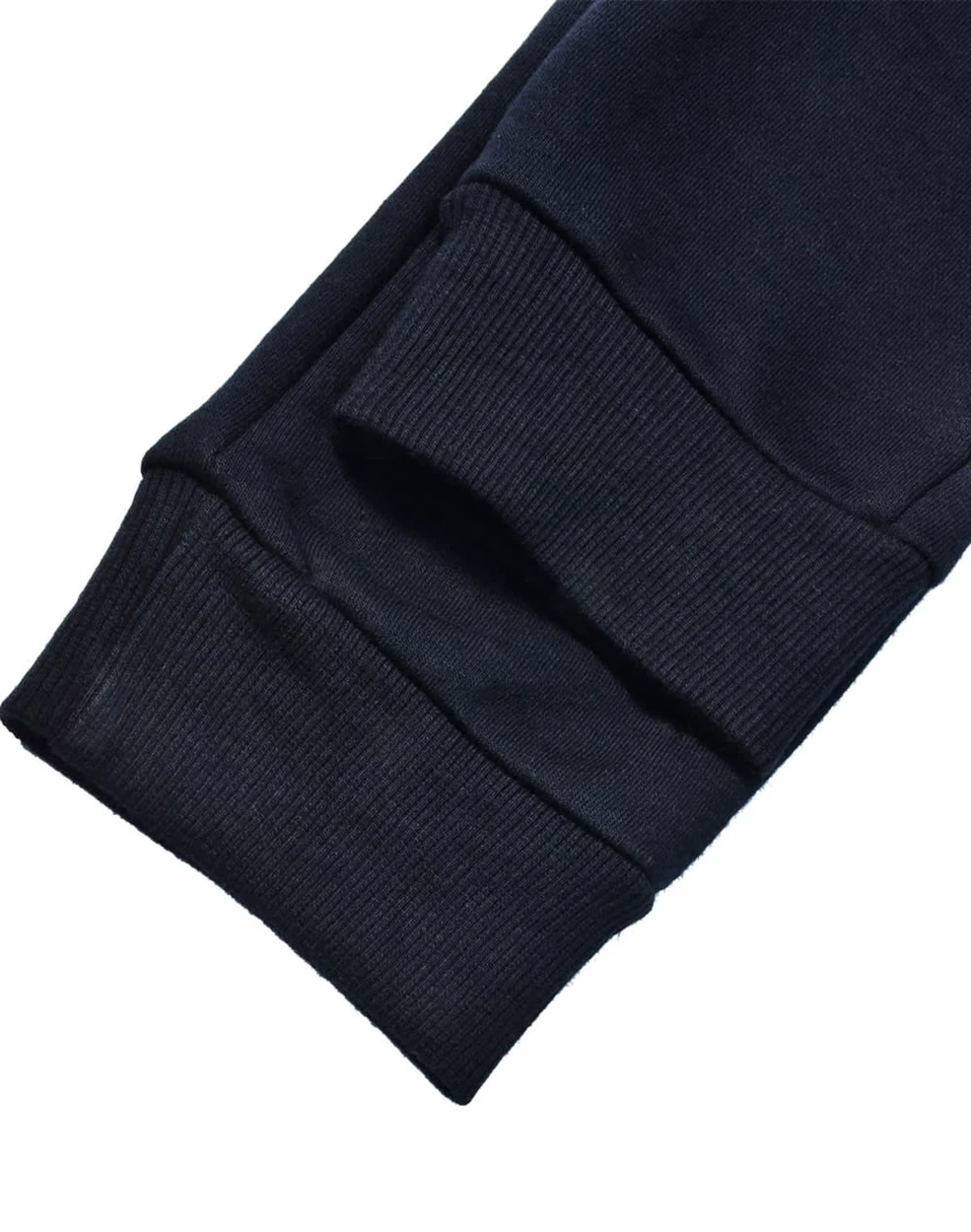 Navy blue kids' poly/cotton terry sweat pants featuring ribbed cuffs and a simple, classic design.
