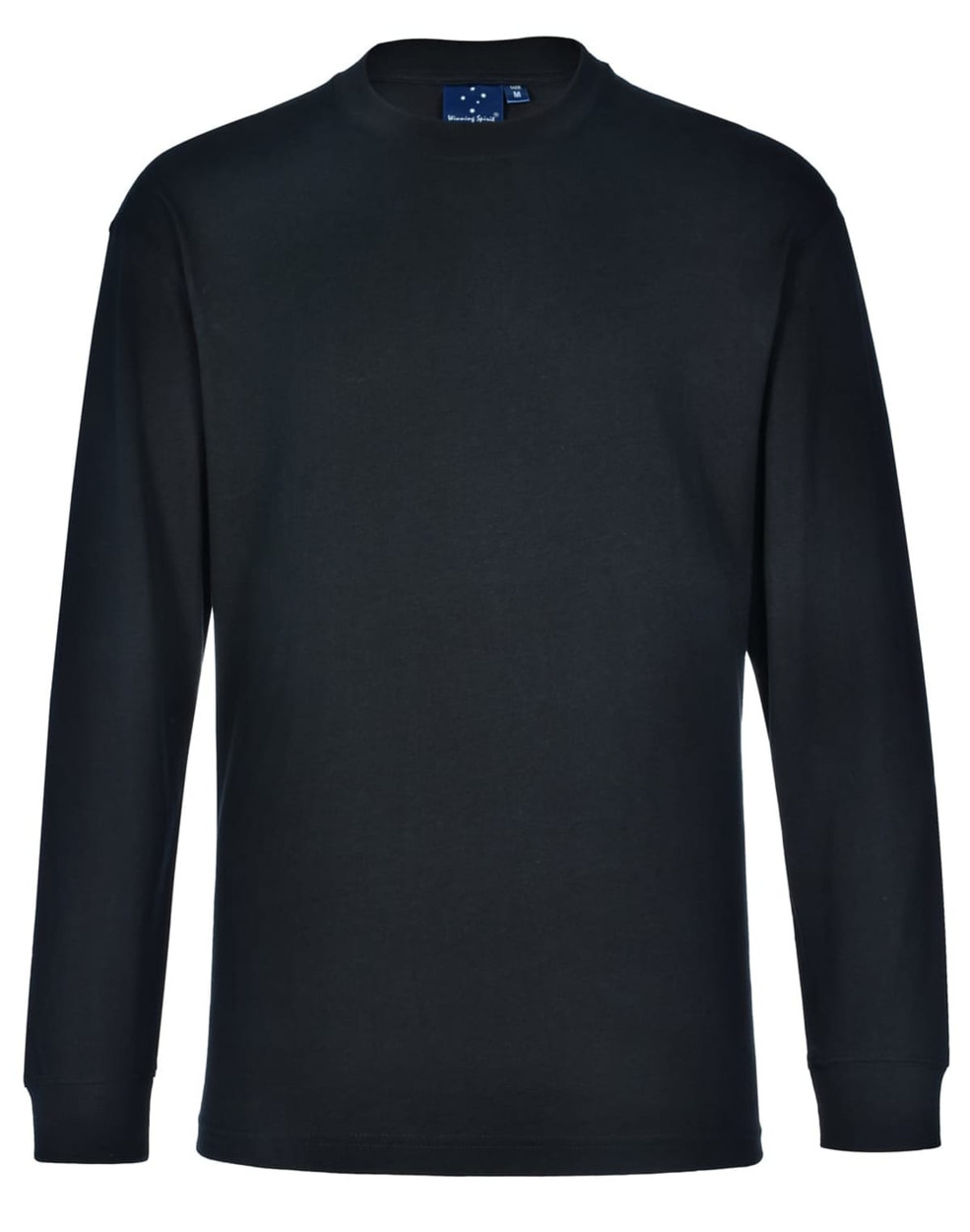 A long-sleeve crew neck t-shirt in black, featuring a logo tag at the neckline.
