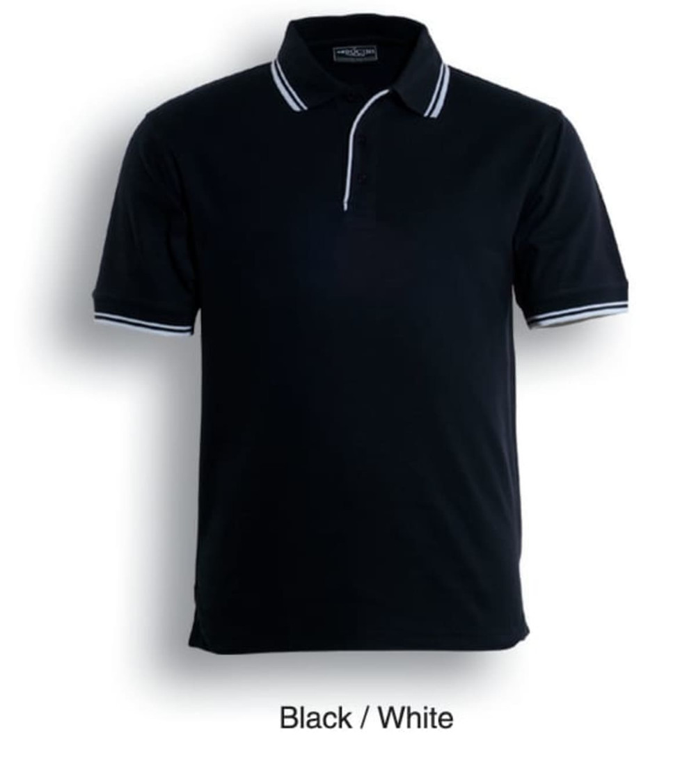 A black polo shirt with white double stripes and a logo on the collar.