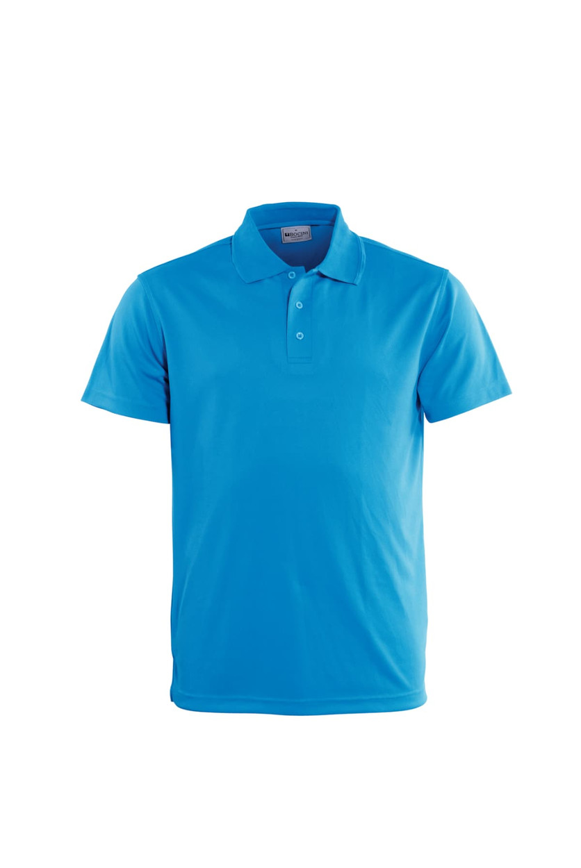 A short-sleeved polo shirt in bright blue, featuring a collar and three buttons. It has a logo on the label.