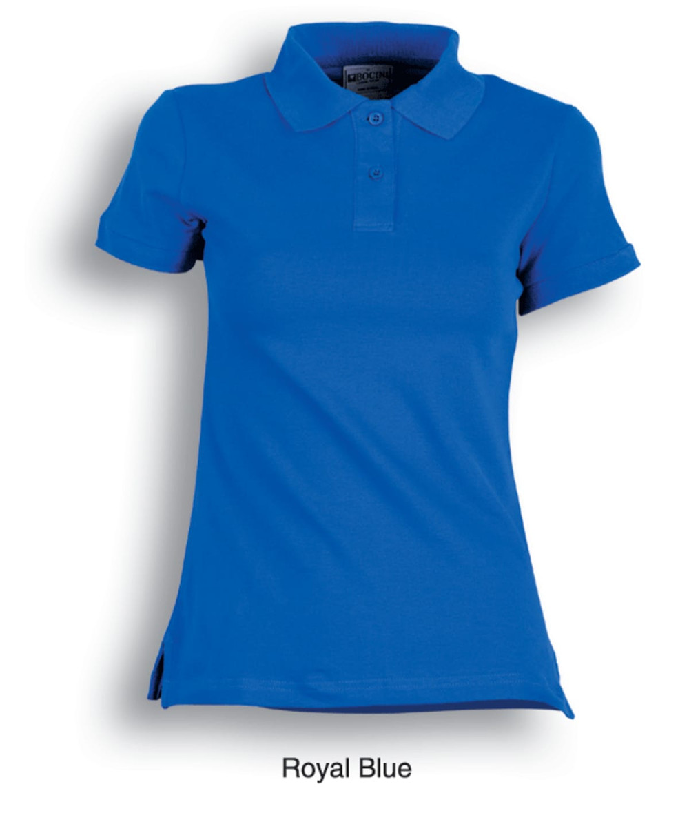 A royal blue fitted polo shirt made of cotton and spandex, featuring a collar and button placket.
