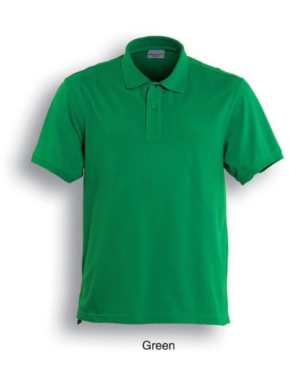 A green Mens Classic Polo shirt with a collar and short sleeves, featuring a logo on the chest.