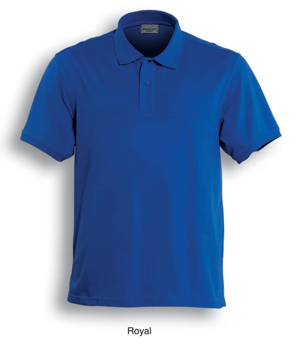 A royal blue men's classic polo shirt with a collar and short sleeves, featuring a logo.