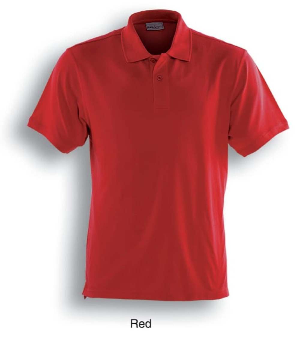 A red polo shirt with a collar and short sleeves, featuring a logo.