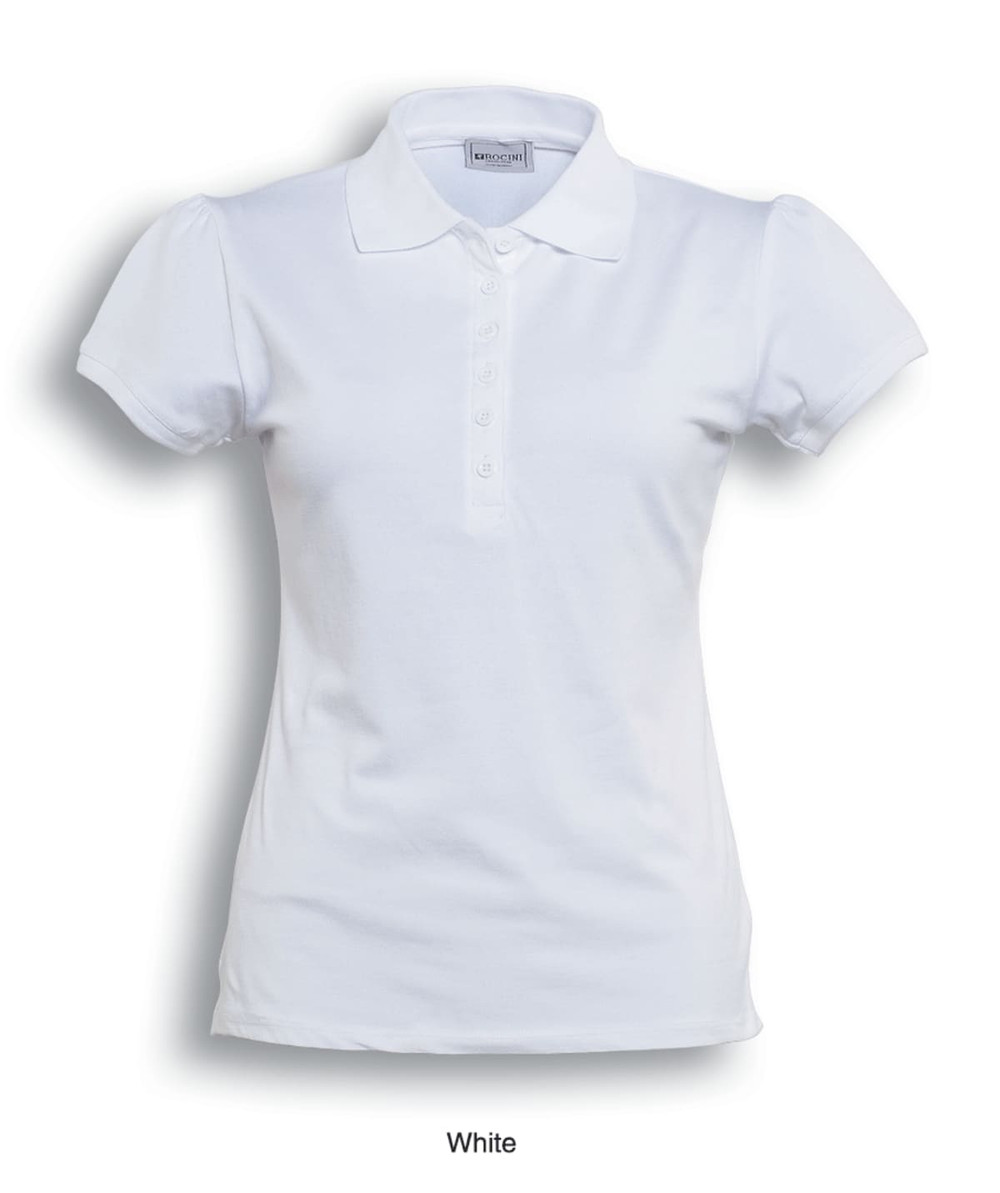 A white ladies' polo shirt featuring a classic collar and short sleeves. The shirt includes a logo.