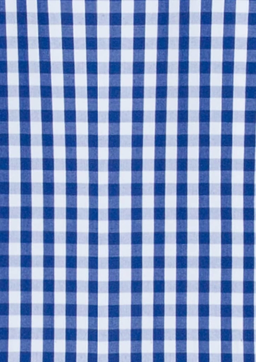 A blue and white checked fabric pattern, featuring a classic gingham design with a logo in the corner.