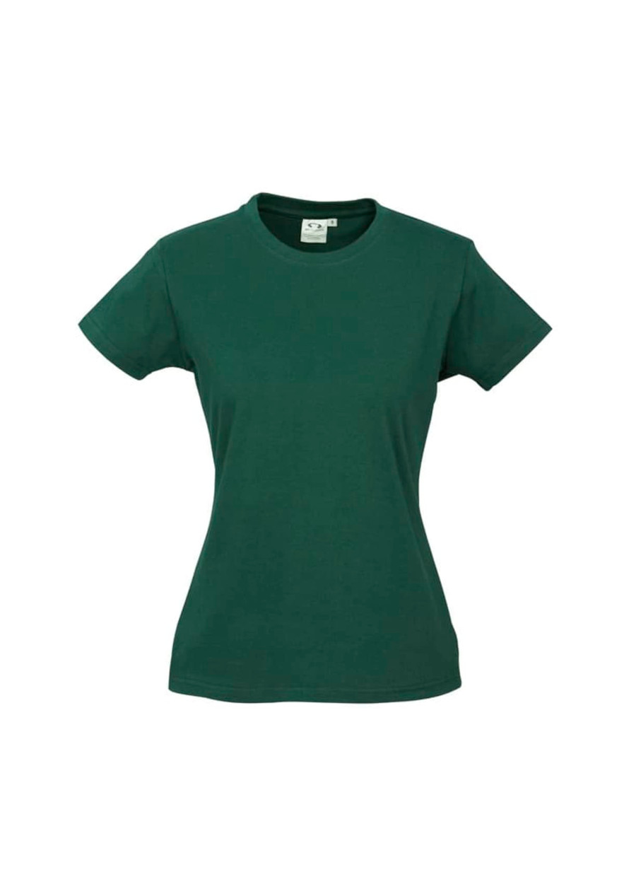 A green women's short sleeve T-shirt with a fitted design and a logo on the label area.