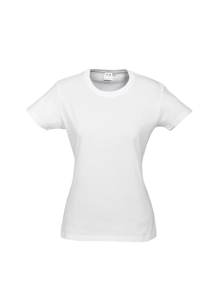 A white short sleeve women's t-shirt with a fitted design and a logo on the neckline.