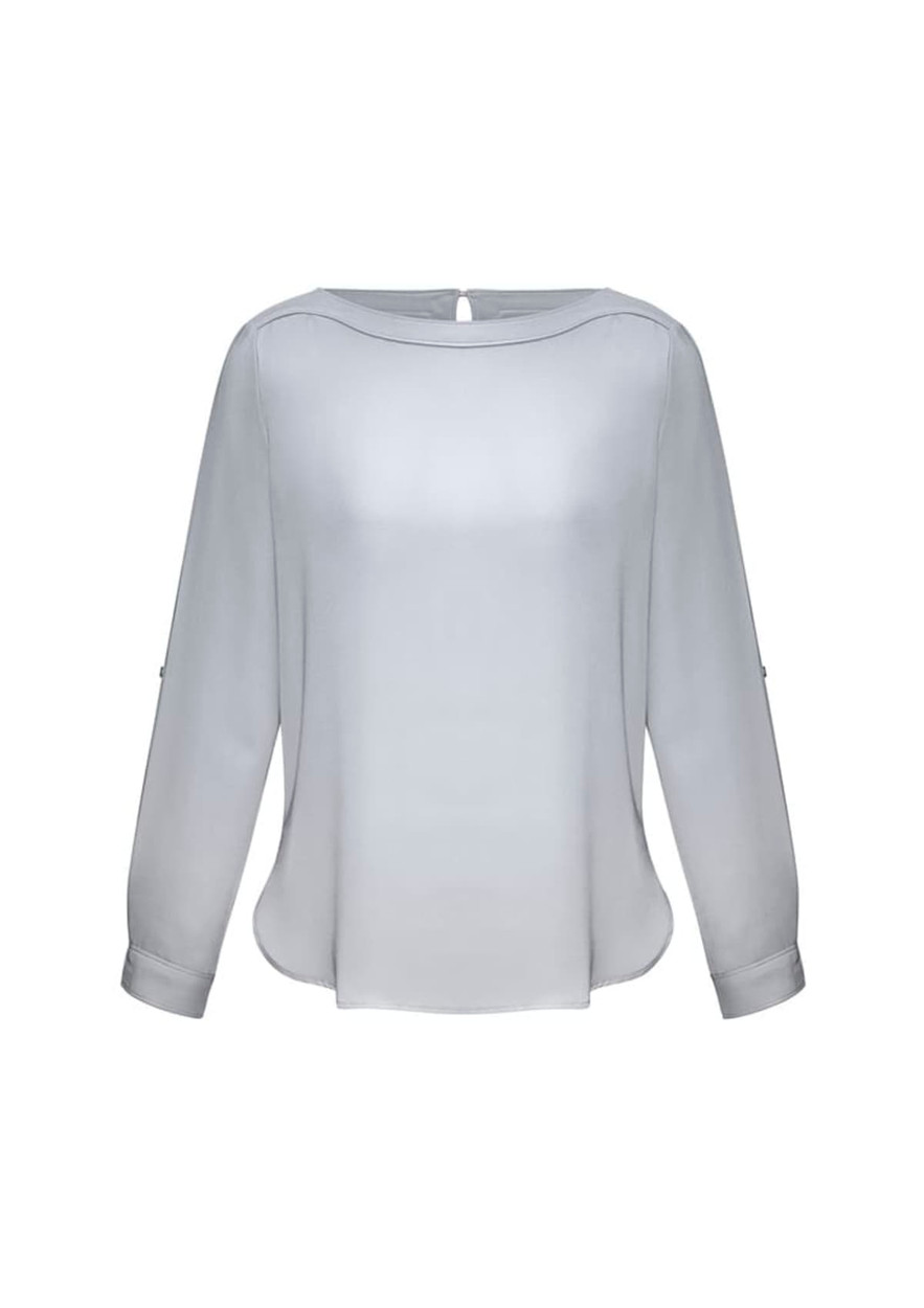 A women's boatneck top in light grey, featuring long sleeves and a slightly curved hem. It has a logo on it.