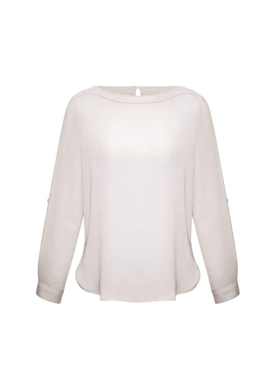 A light cream women's shirt with a boat neckline and long sleeves, featuring button details on the cuffs.