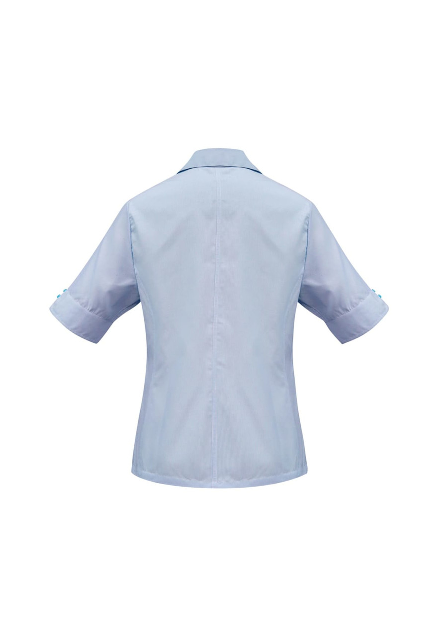 A light blue women's button-up shirt with short sleeves and a back view. Features a logo on the upper back.