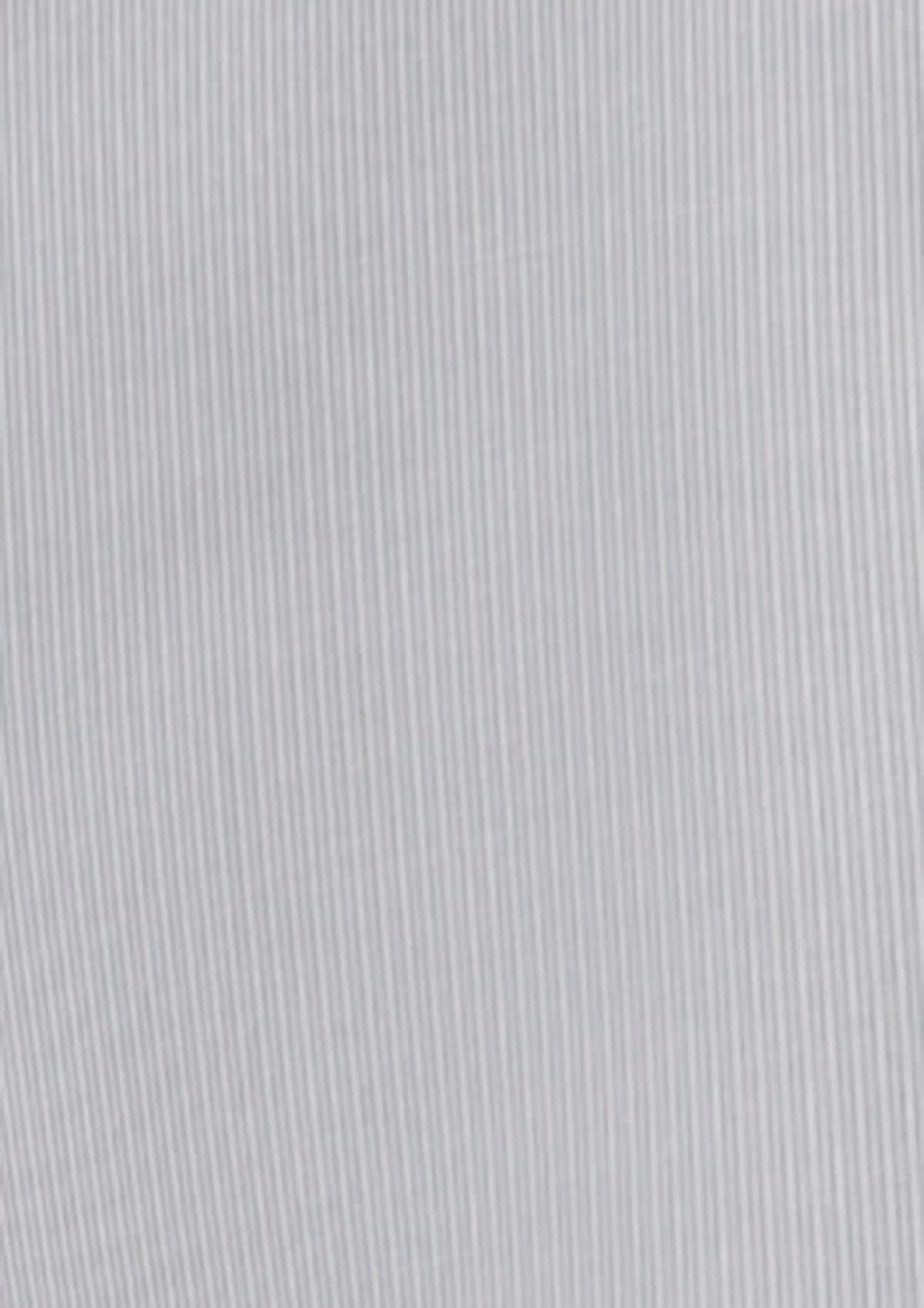 A short sleeve women's button-up shirt in a light grey striped pattern, featuring a logo on the chest.