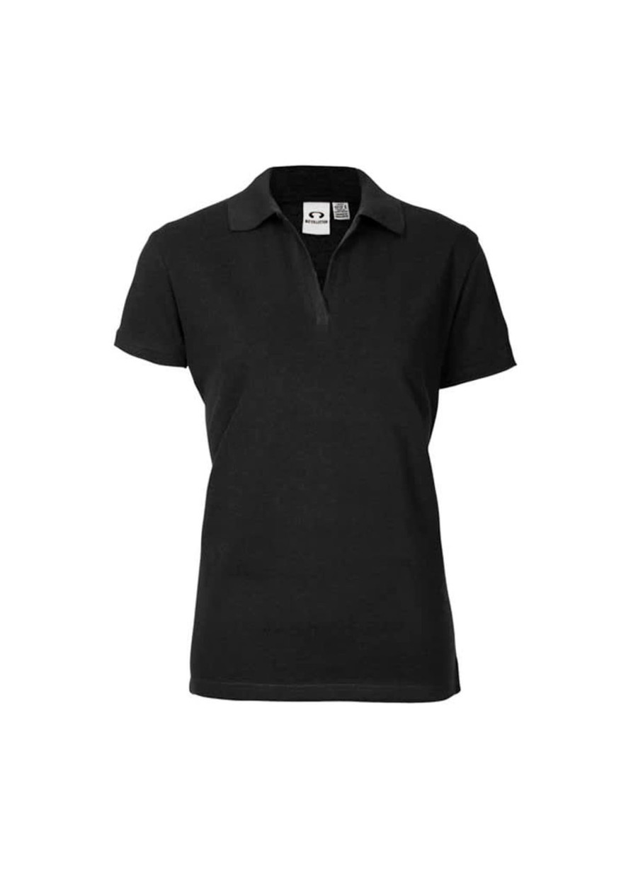 A black women's short sleeve polo shirt with a collared neckline and a logo.