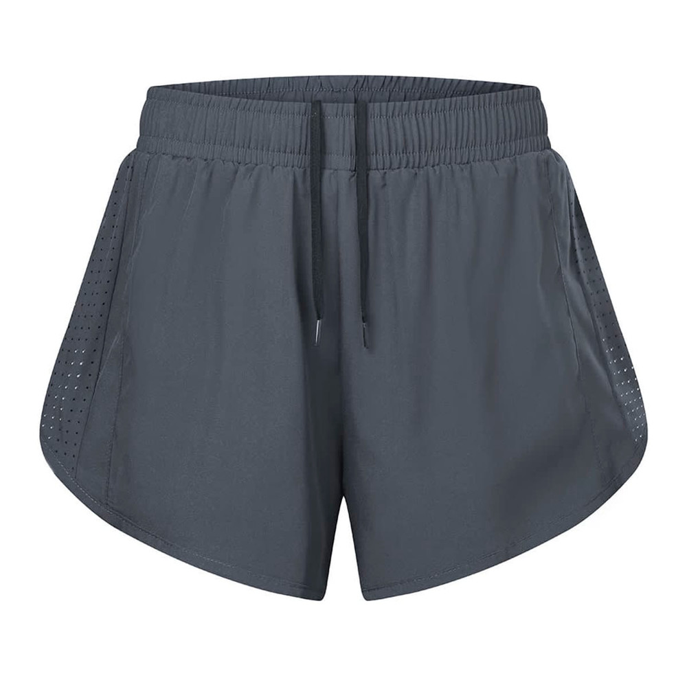 A pair of women's double layer sports shorts in dark grey, featuring a lightweight design with side mesh panels and a drawstring waist.