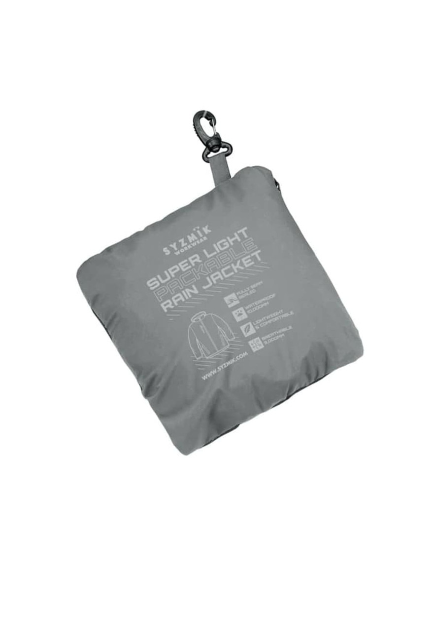 A packable rain jacket in grey, featuring a logo and compactly folded design with a clip for easy carrying.