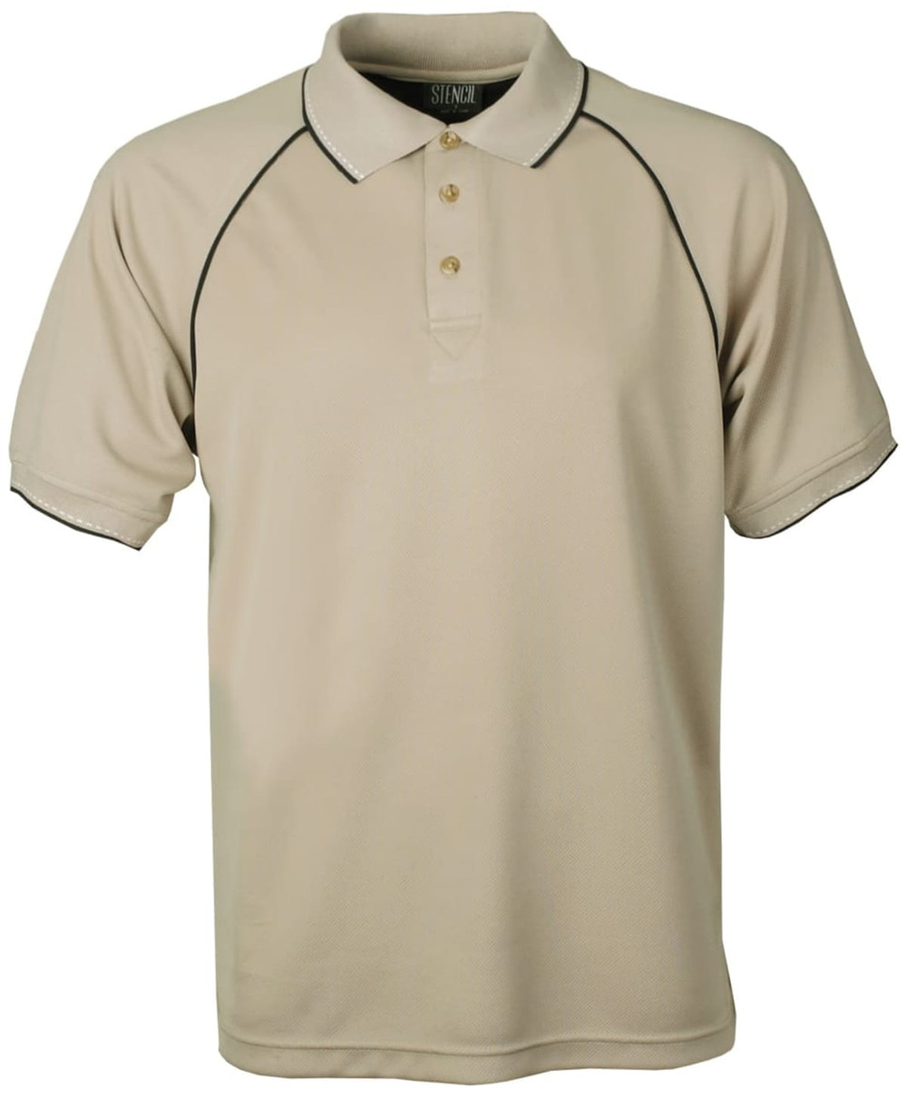 A beige polo shirt featuring a collar, three buttons, and black piping details along the sleeves and collar.
