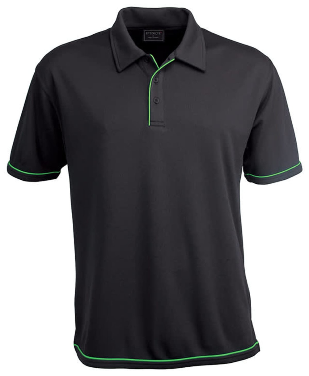 A black polo shirt with green trim and a logo on the chest, featuring a three-button placket and a collar.