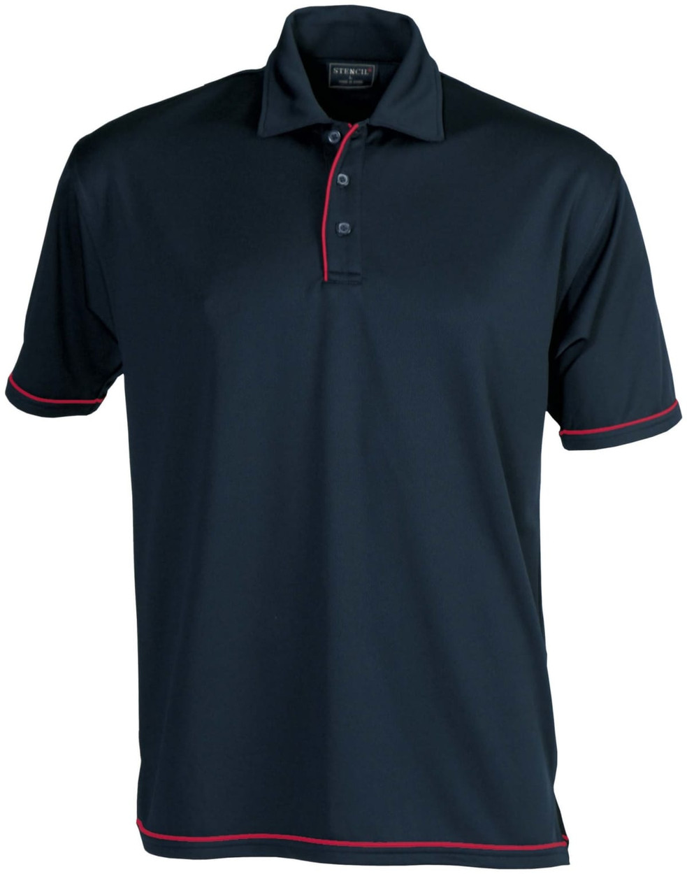 A navy blue polo shirt with red accents and a collar. It has a branding logo on the chest.