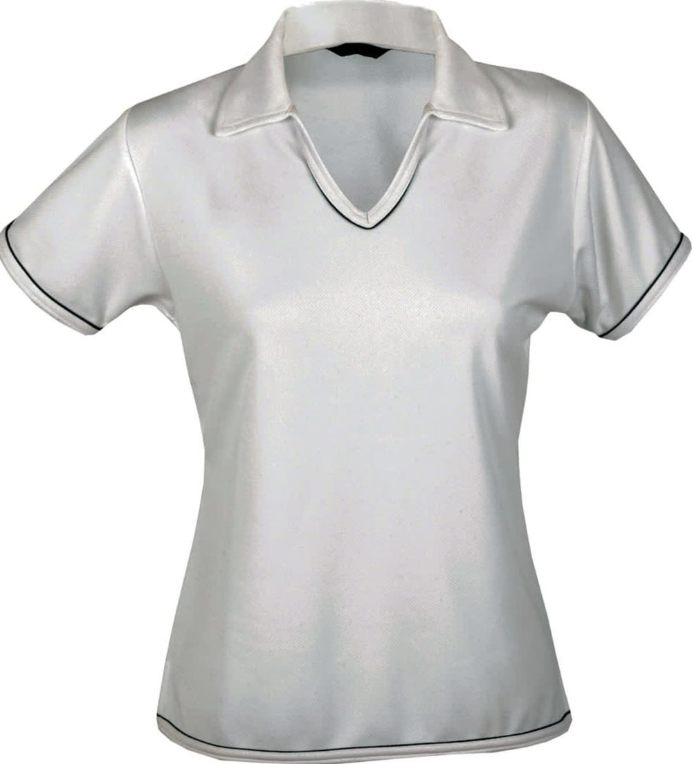 A white ladies' polo shirt with a collar, featuring contrasting piping and a logo.