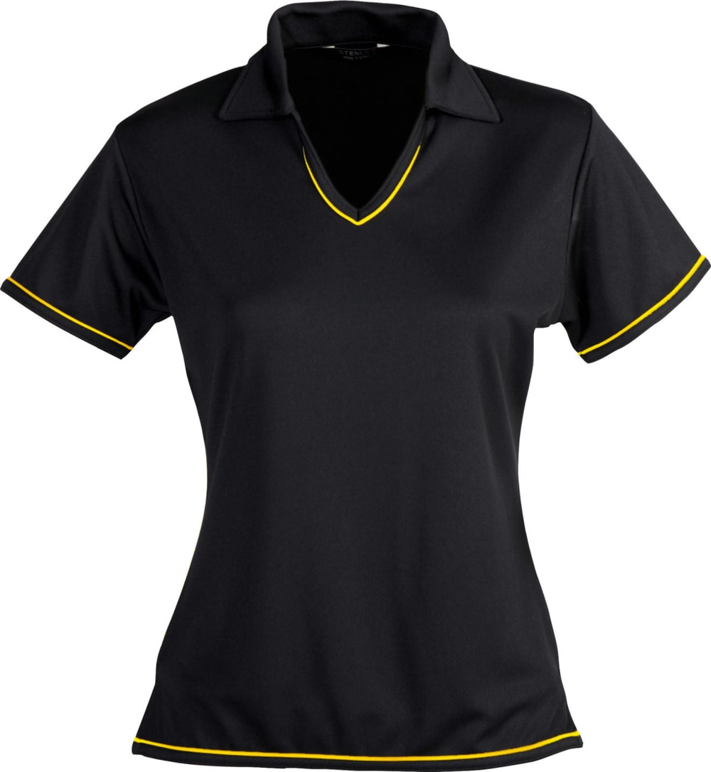 A black polo shirt for ladies with yellow trim and a classic collar. It features a logo on the chest.