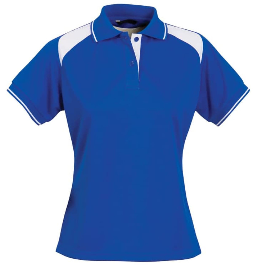 A blue ladies' polo shirt with white accents and a collar, featuring a logo.