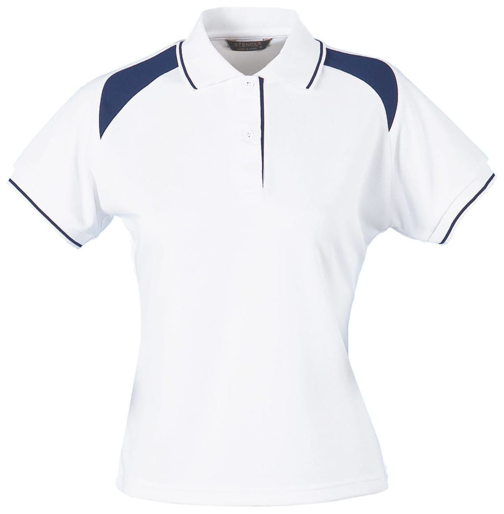 A women's polo shirt in white with navy blue accents and a collar, featuring a logo on the chest area.
