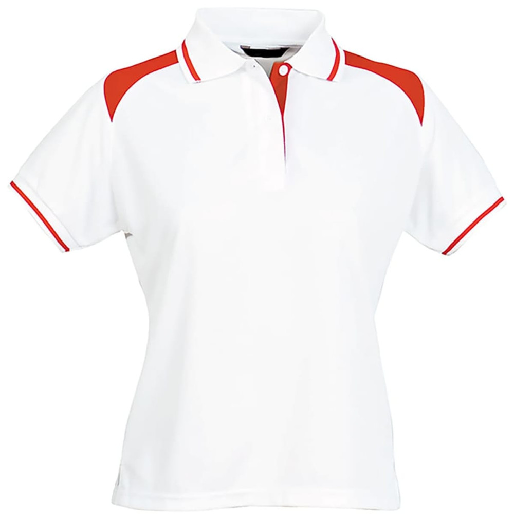 A white ladies' polo shirt with red accents and a logo on the chest.