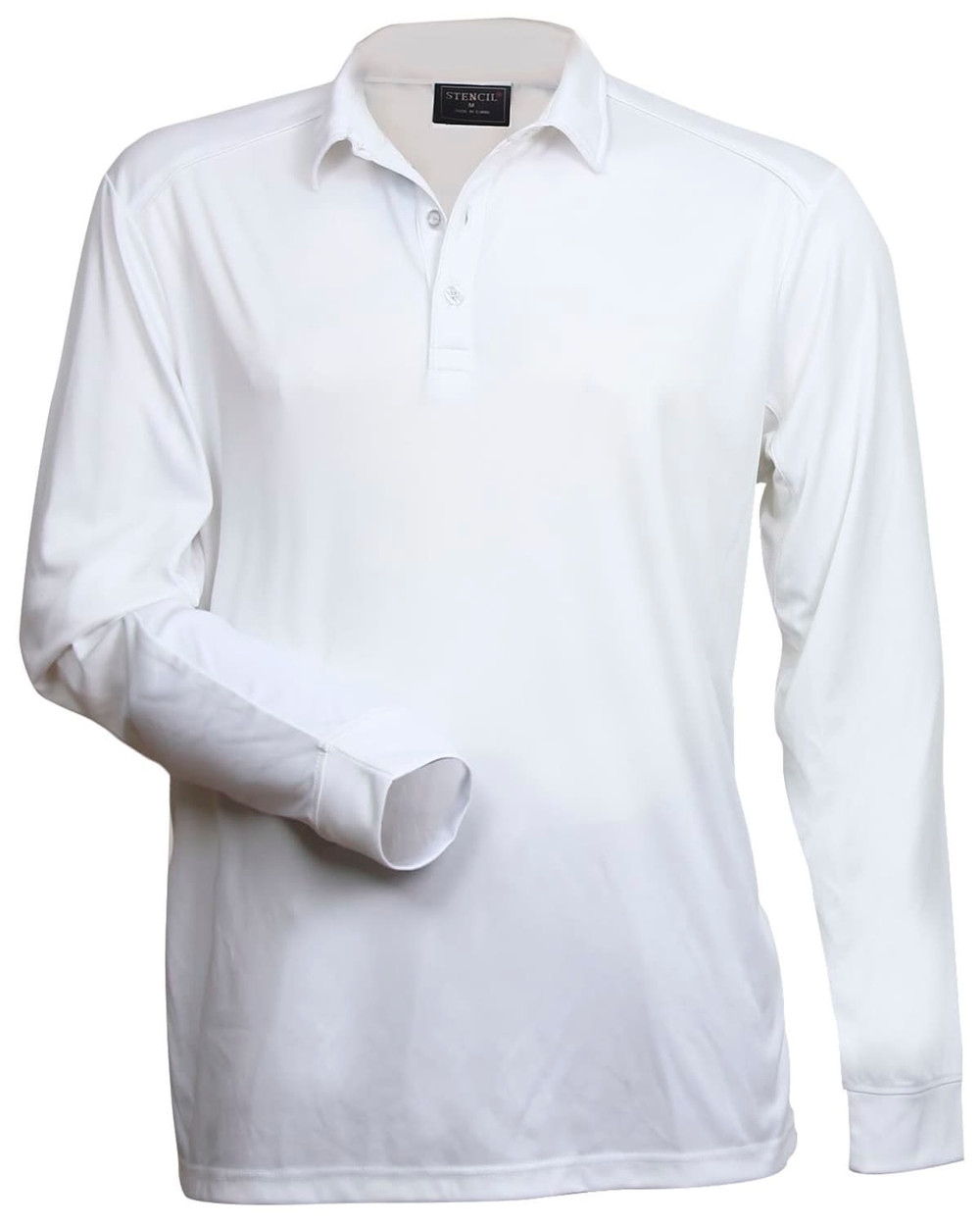 A long-sleeve white polo shirt with a collar and a logo on the chest.