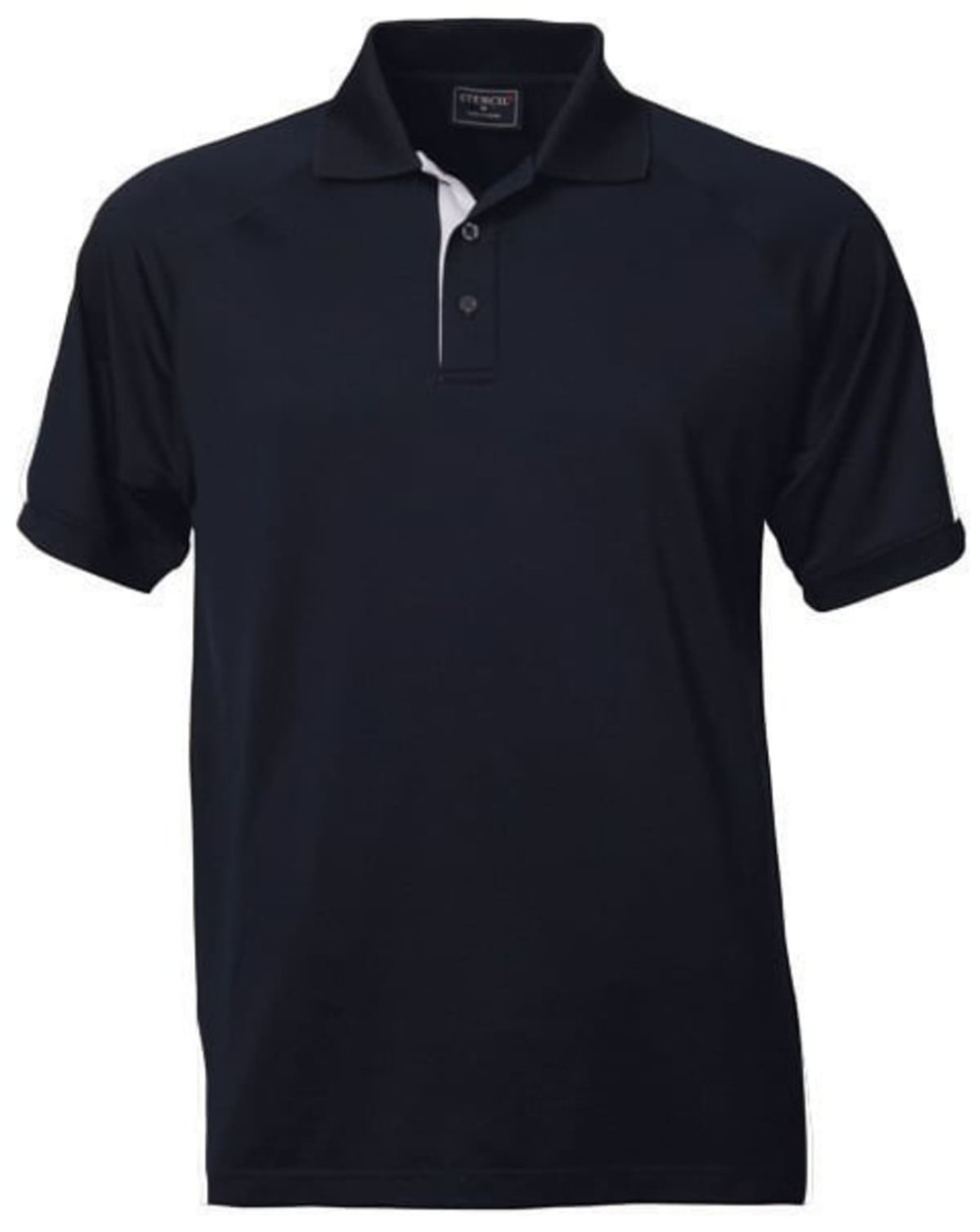 A navy blue men's polo shirt featuring a contrasting white collar and a logo on the chest.