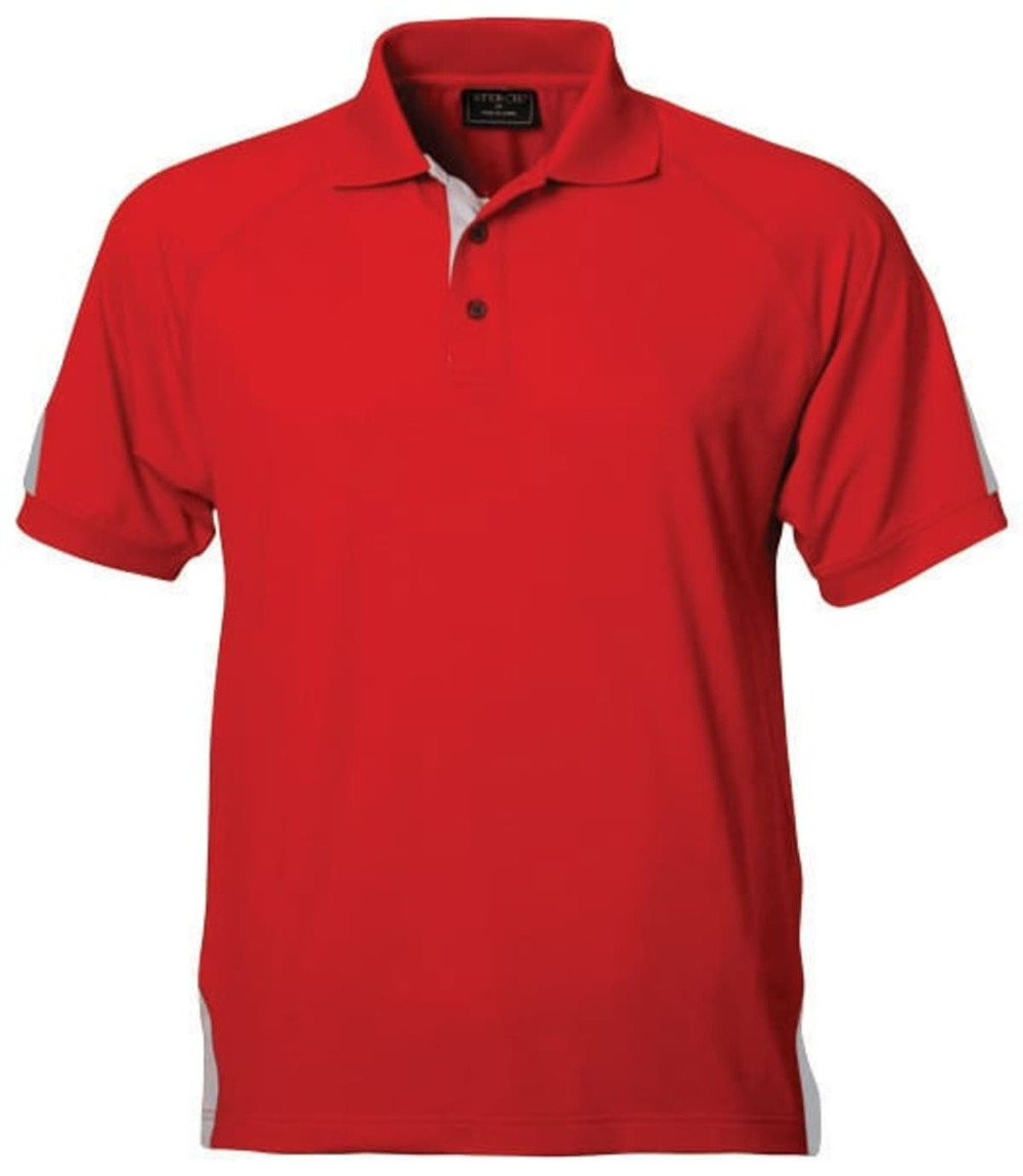 A red polo shirt with grey accents, featuring a collar and a logo.