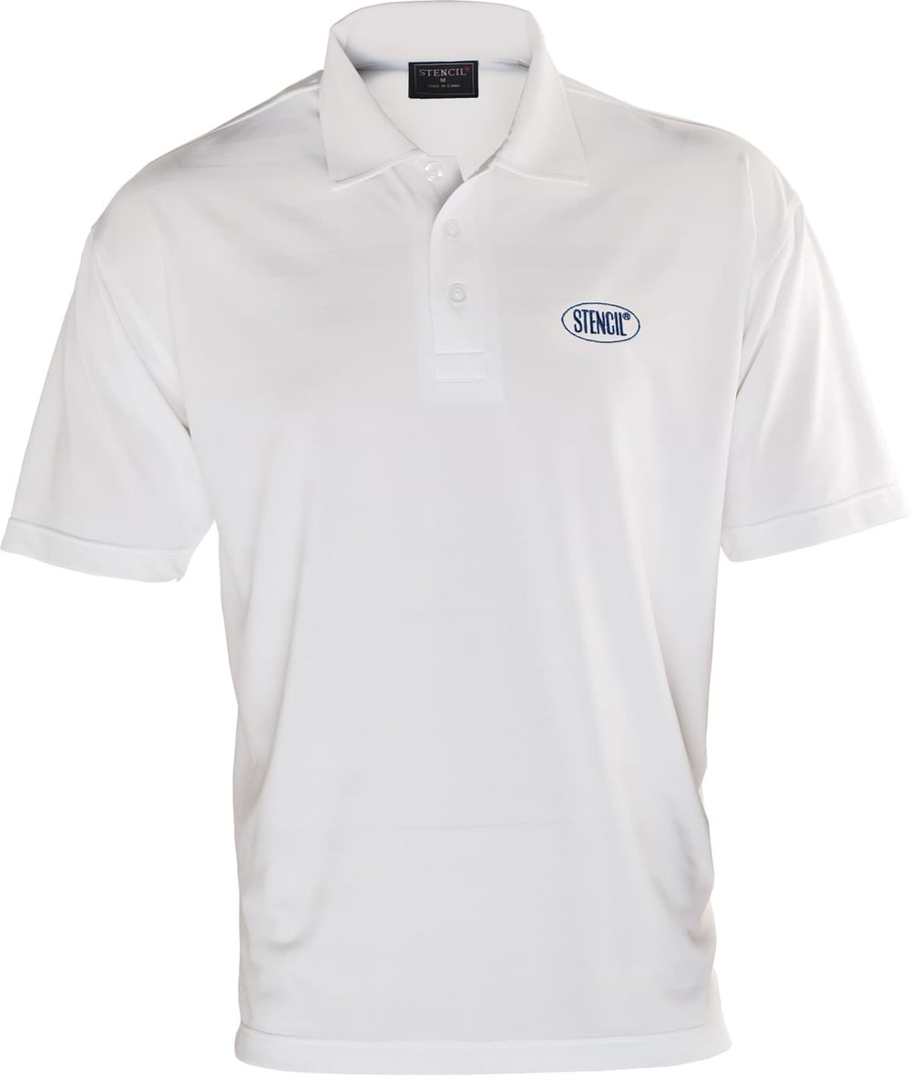 A white polo shirt featuring a logo on the chest, designed for men.