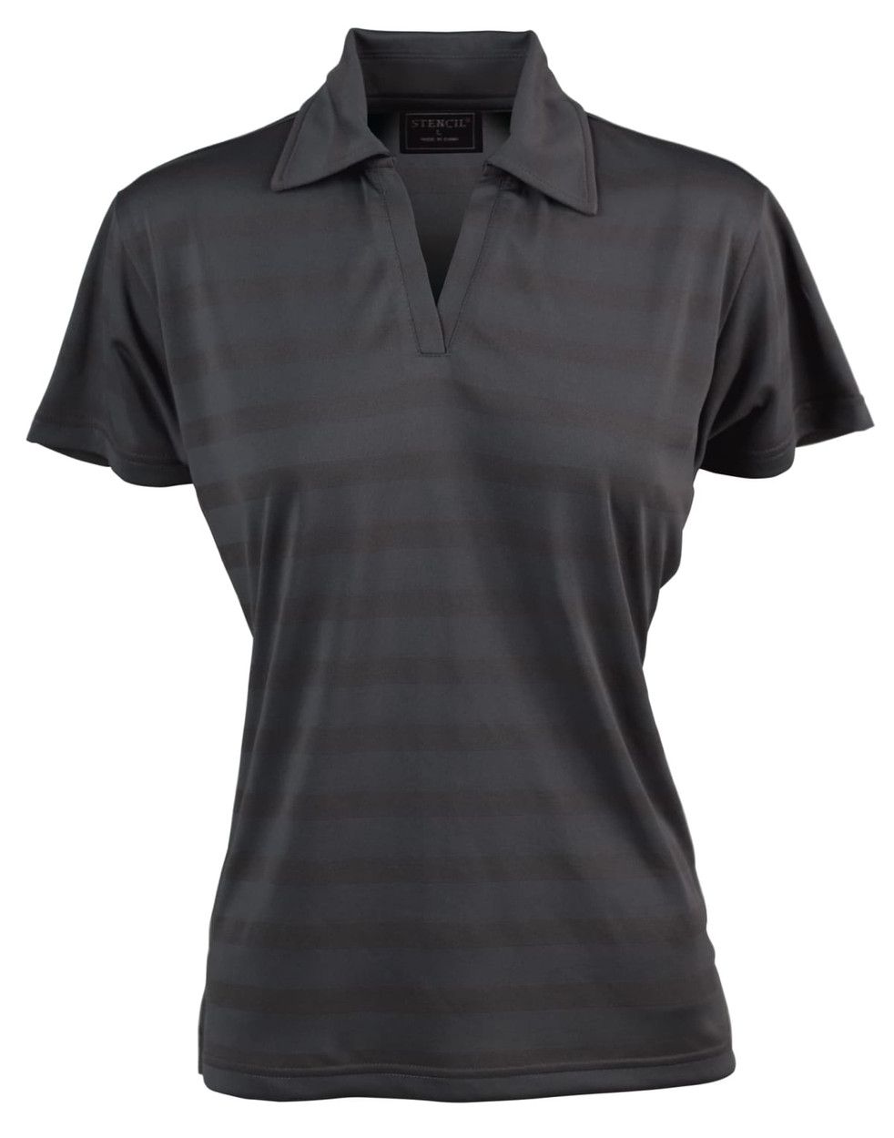 A dark grey polo shirt with a striped pattern and a collar, featuring a logo on the chest.