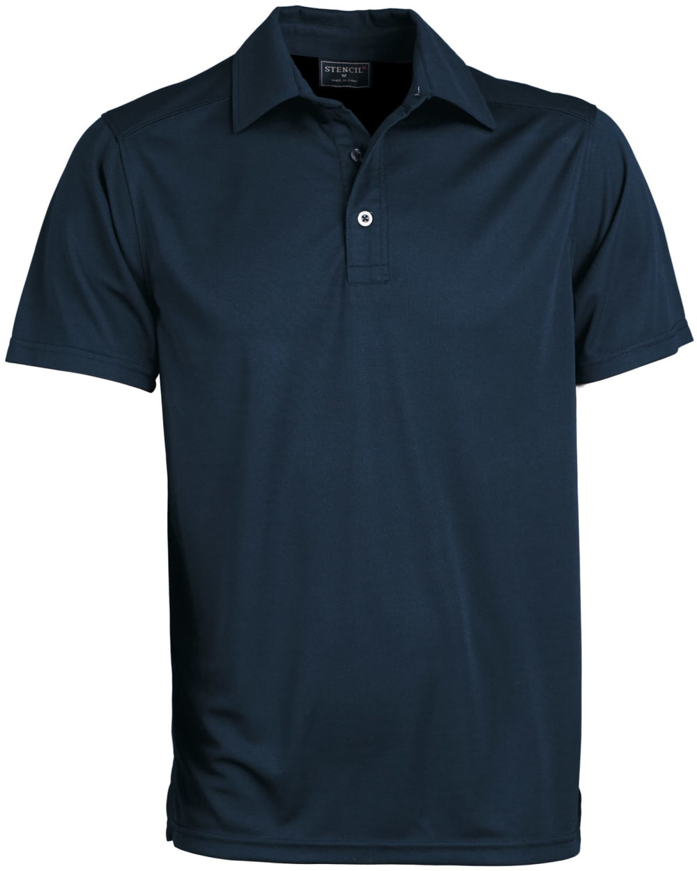 A navy blue men's polo shirt with a collar, short sleeves, and a logo on the chest.