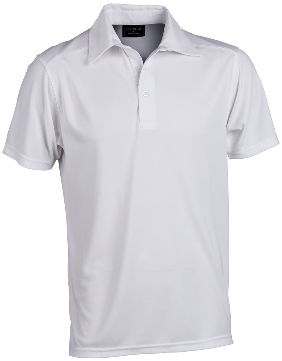 A white men's polo shirt featuring a logo on the collar. Styled with a classic design and short sleeves.
