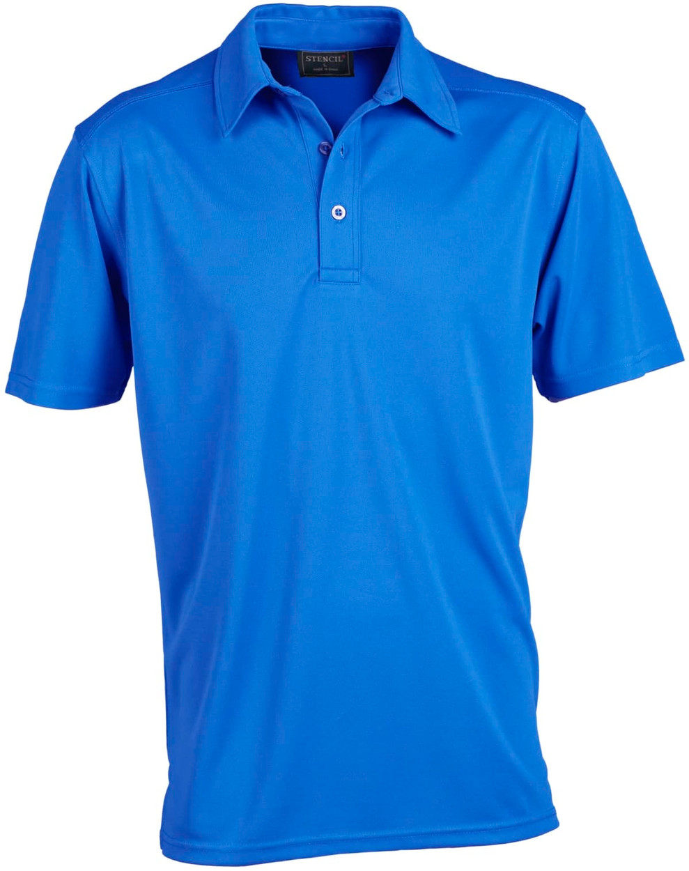 A blue polo shirt with a collared neckline and a single button placket. It features a logo on the chest.