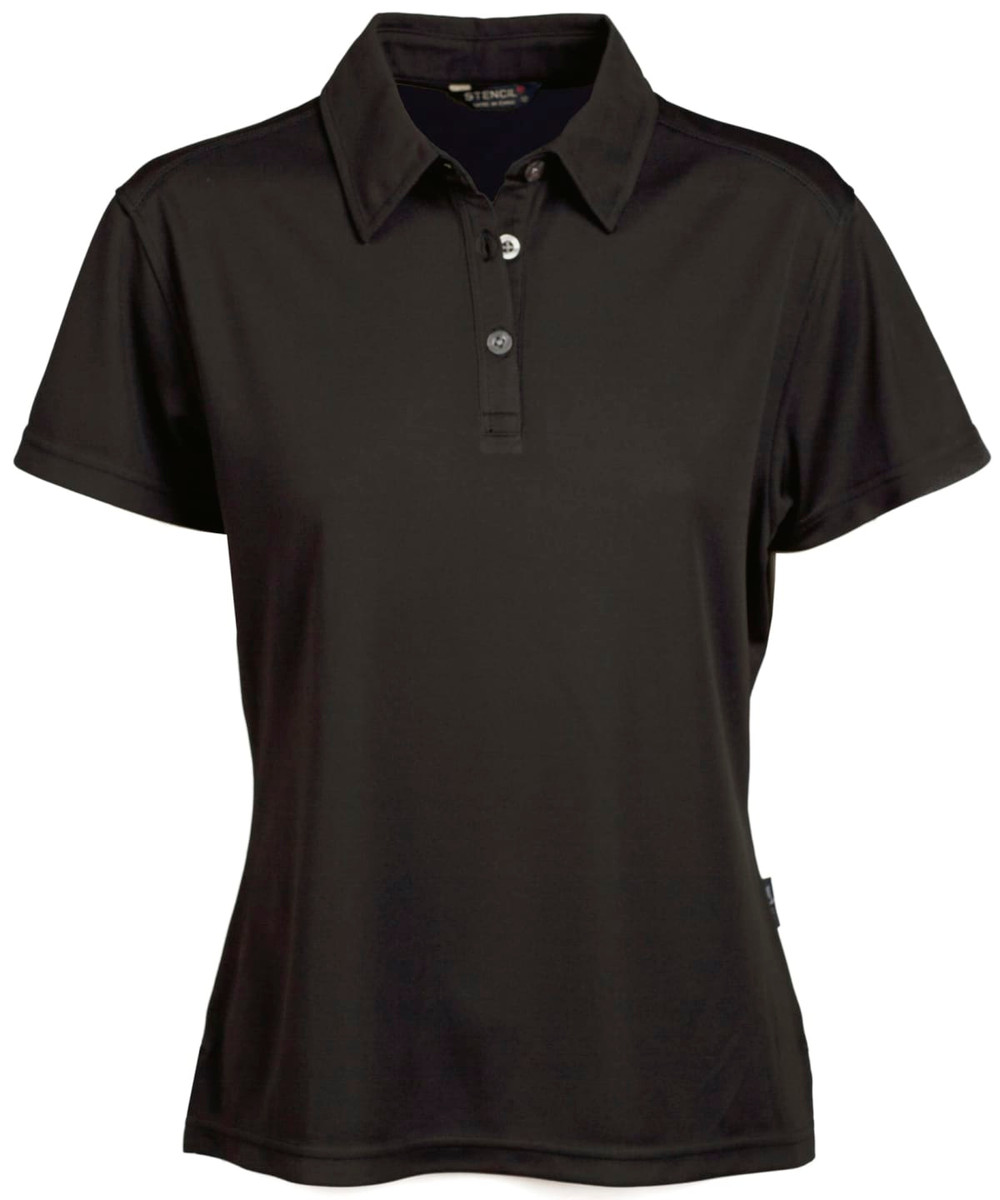 A black ladies' polo shirt featuring a collar and a button placket, with a branding logo.